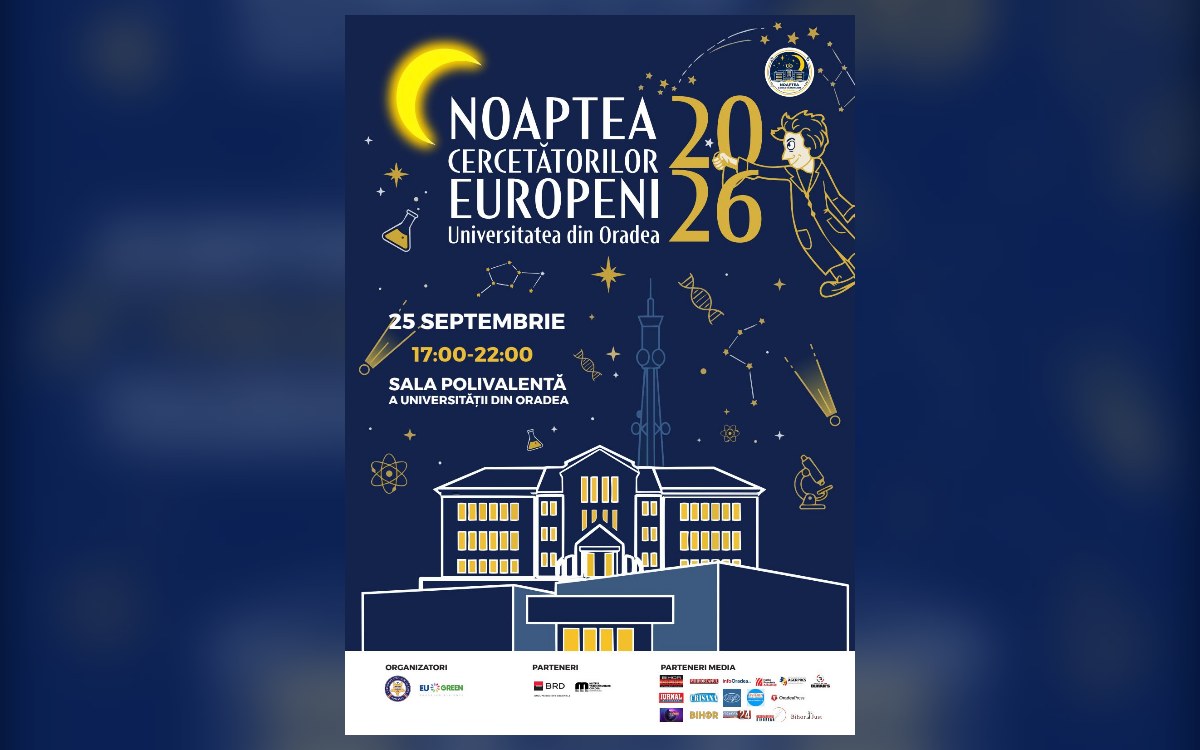 Afișul evenimentului Noaptea Cercetătorilor Europeni 2026 la Universitatea din Oradea