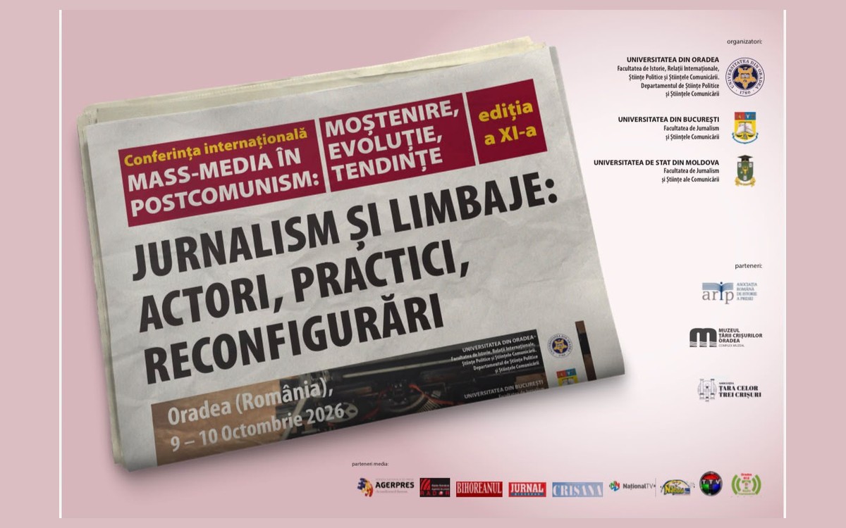 Afișul conferinței internaționale „Mass-media în postcomunism: moștenire, evoluție, tendințe”, ediția a XI-a, Oradea, 9–10 octombrie 2026