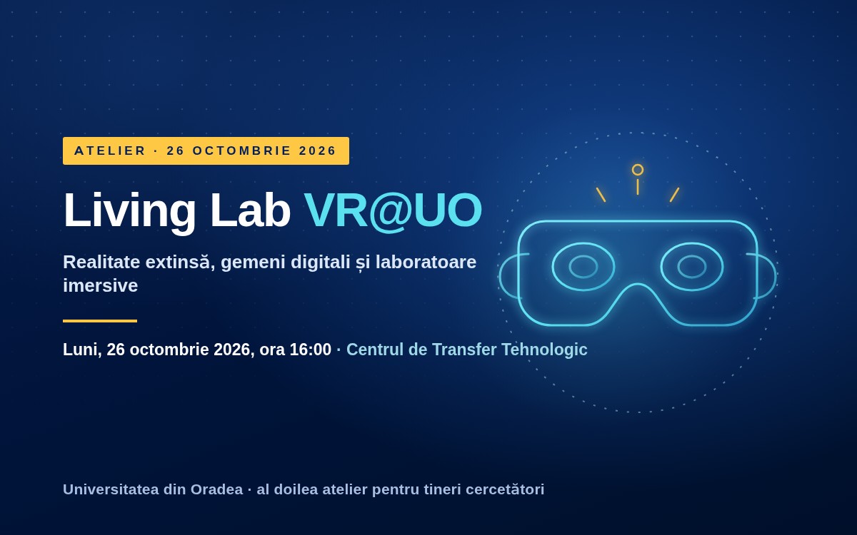 Living Lab VR@UO: atelier pe 26 octombrie 2026, ora 16:00, la Centrul de Transfer Tehnologic al Universității din Oradea
